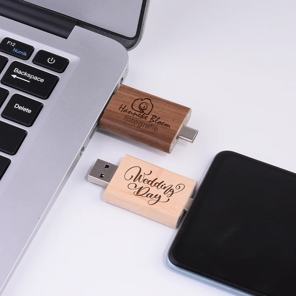 Coffret clé usb bois personnalisable gravure laser 2 en 1 usb 3.0 et type c noyer bambou érable logo prénom entreprise mariage photographe durable - lebois-eco.com