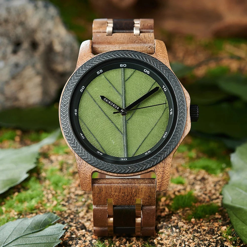 Coffret montre quartz bois ébène noyer incrusté avec véritable feuille arbre unisexe cadeau mariage anniversaire Noël durable - lebois-eco.com