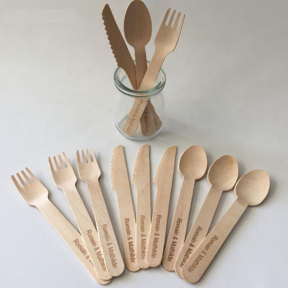 Couverts bois personnalisables personnalisés bois jetables compostables couteaux fourchettes cuillères fête anniversaire mariage repas logo custom do it yourself environnement écologique renouvelable responsable - lebois-eco.com