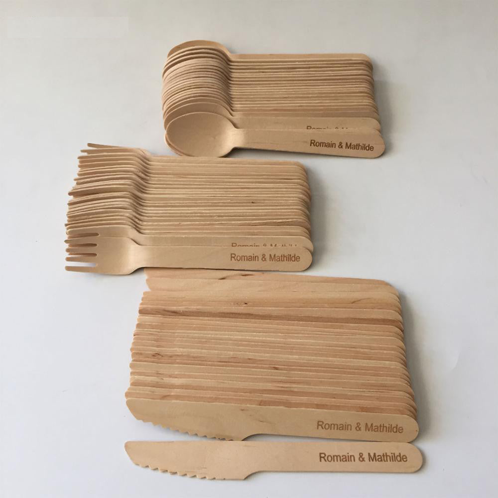 Couverts bois personnalisables personnalisés bois jetables compostables couteaux fourchettes cuillères fête anniversaire mariage repas logo custom do it yourself environnement écologique renouvelable responsable - lebois-eco.com