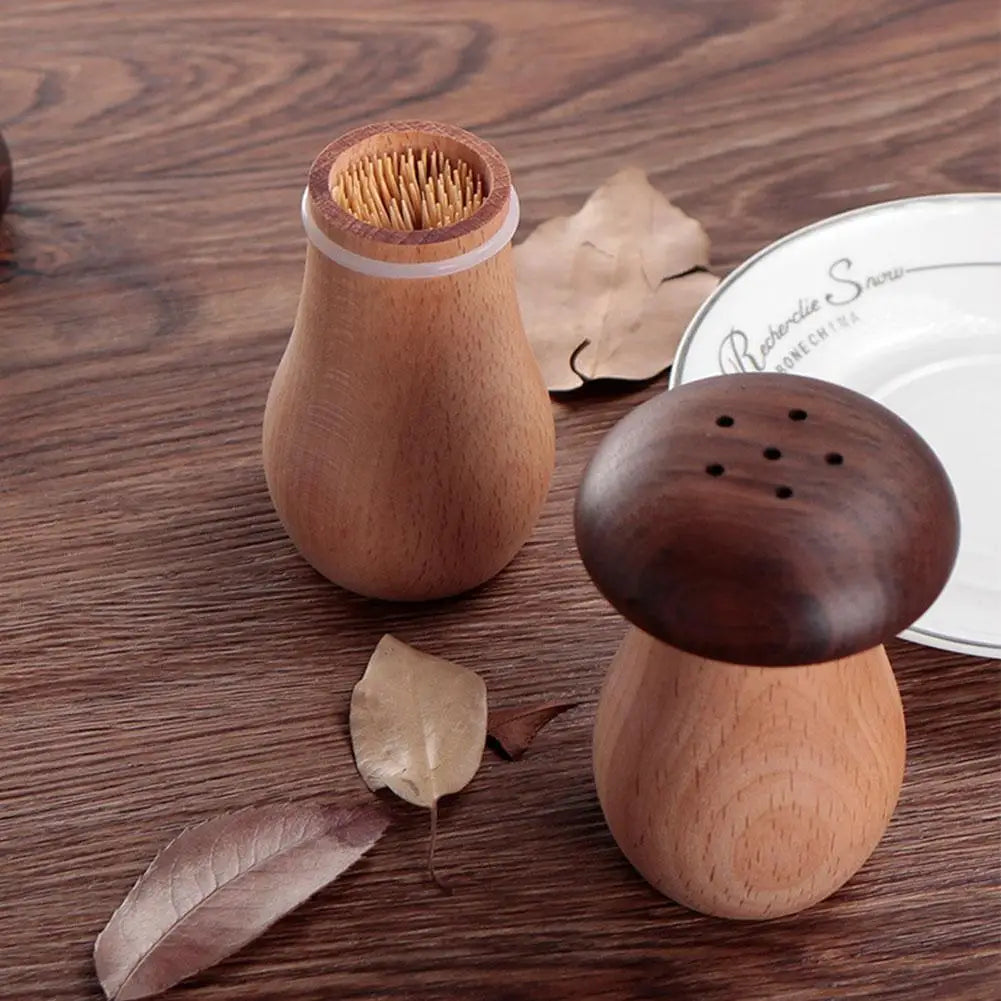 Distributeur porte boîte cure dent bois champignon rigolo décoration art table repas apéritif cuisine sel poivre durable - lebois-eco.com