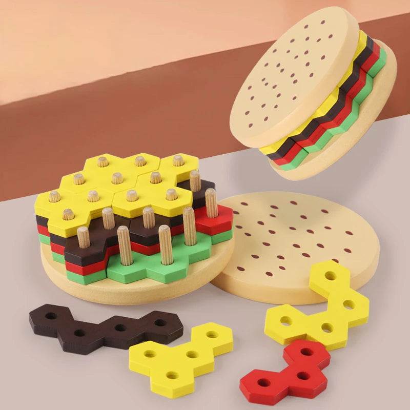 Jouet jeu de construction hamburger en bois à empiler apprentissage couleurs enfants cadeau noël anniversaire éducatif écologique durable - lebois-eco.com
