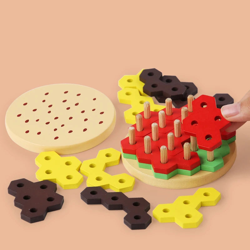 Jouet jeu de construction hamburger en bois à empiler apprentissage couleurs enfants cadeau noël anniversaire éducatif écologique durable - lebois-eco.com