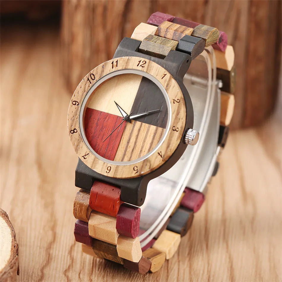 Montre bois bambou quartz unisexe coffret arlequin 4 couleurs cadeau original anniversaire noël mariage tendance intemporel écologique durable - lebois-eco.com