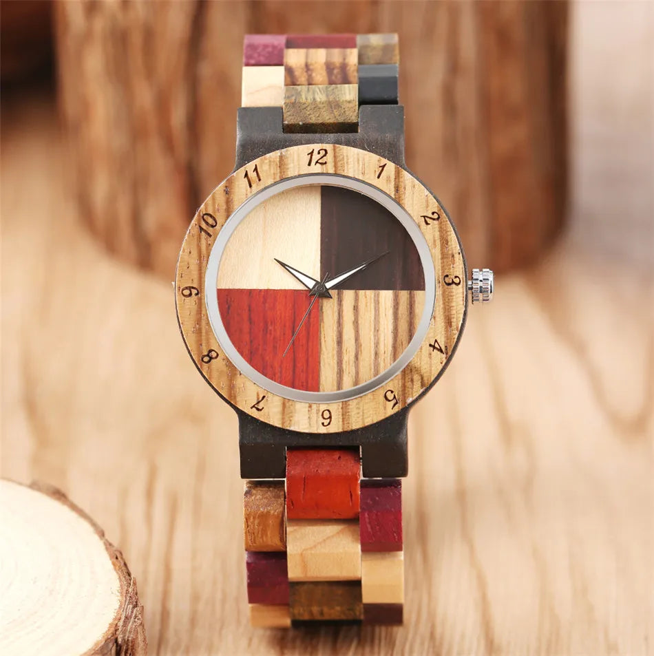 Montre bois bambou quartz unisexe coffret arlequin 4 couleurs cadeau original anniversaire noël mariage tendance intemporel écologique durable - lebois-eco.com