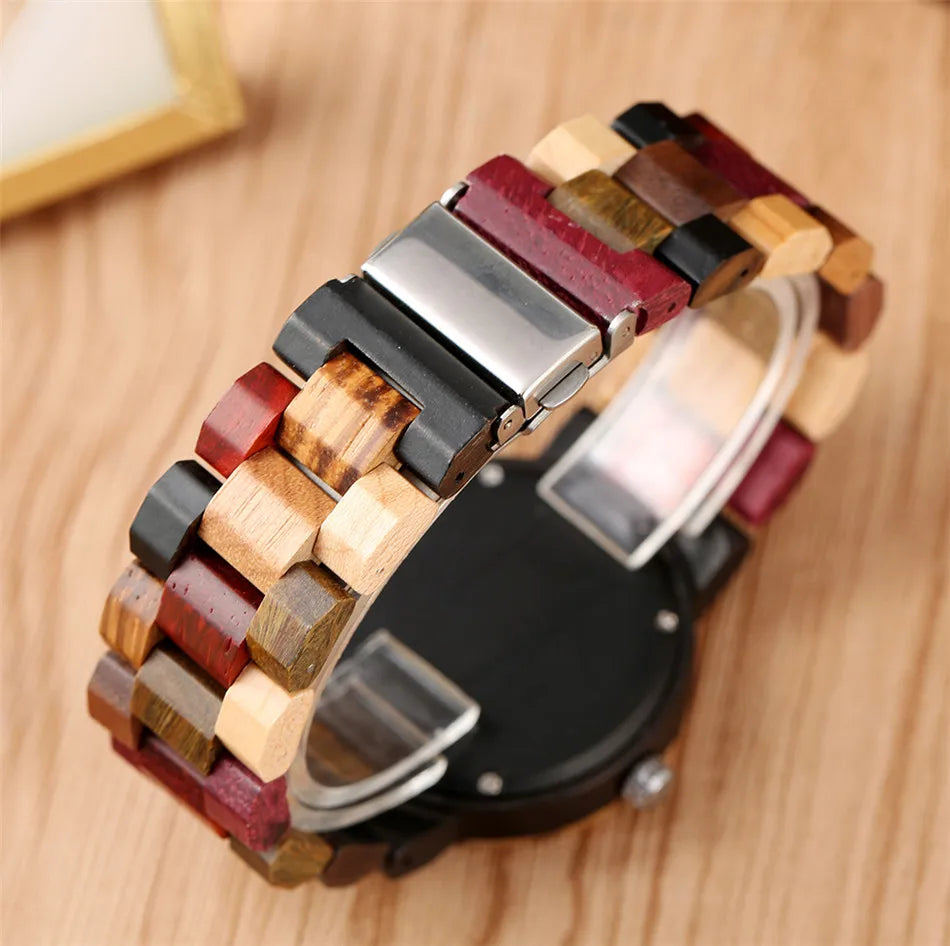 Montre bois bambou quartz unisexe coffret arlequin 4 couleurs cadeau original anniversaire noël mariage tendance intemporel écologique durable - lebois-eco.com