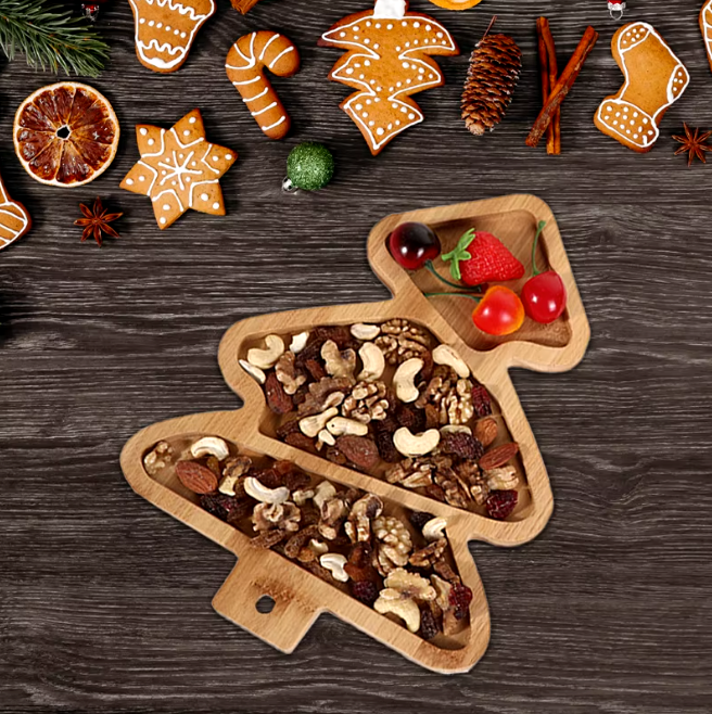 Plateau dressage sapin cloche en bois pour apéritif dessert fêtes Noël bambou spécial fêtes réveillon art de table écologique durable - lebois-eco.com