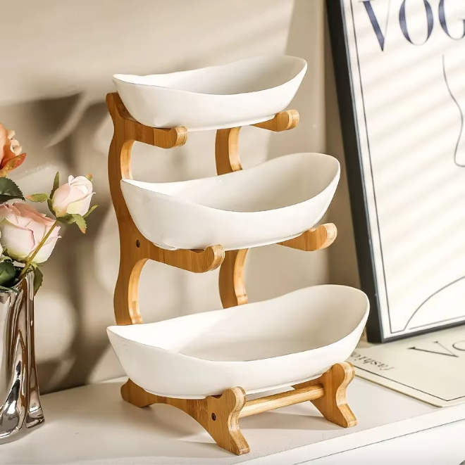Plats de présentation service armature bois bambou 3 récipients plastique corbeille fruits vide poche aliments apéritifs durable - lebois-eco.com