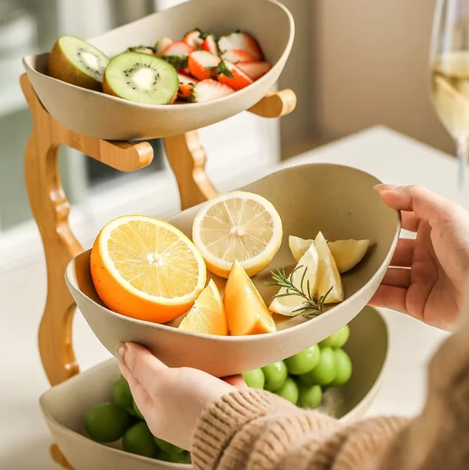 Plats de présentation service armature bois bambou 3 récipients plastique corbeille fruits vide poche aliments apéritifs durable - lebois-eco.com