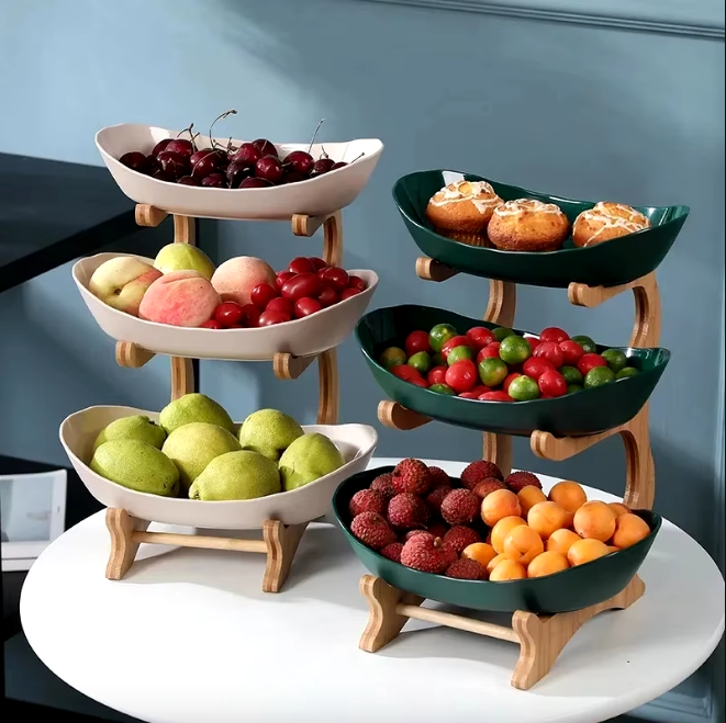 Plats de présentation service armature bois bambou 3 récipients plastique corbeille fruits vide poche aliments apéritifs durable - lebois-eco.com