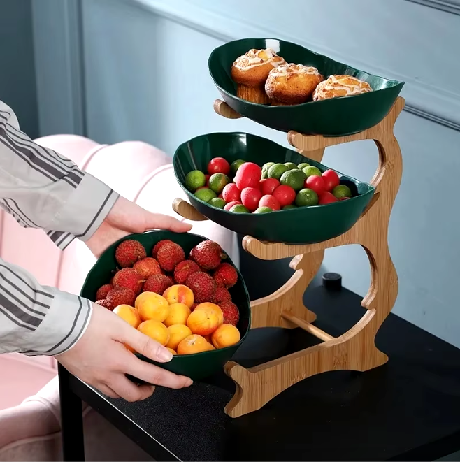 Plats de présentation service armature bois bambou 3 récipients plastique corbeille fruits vide poche aliments apéritifs durable - lebois-eco.com