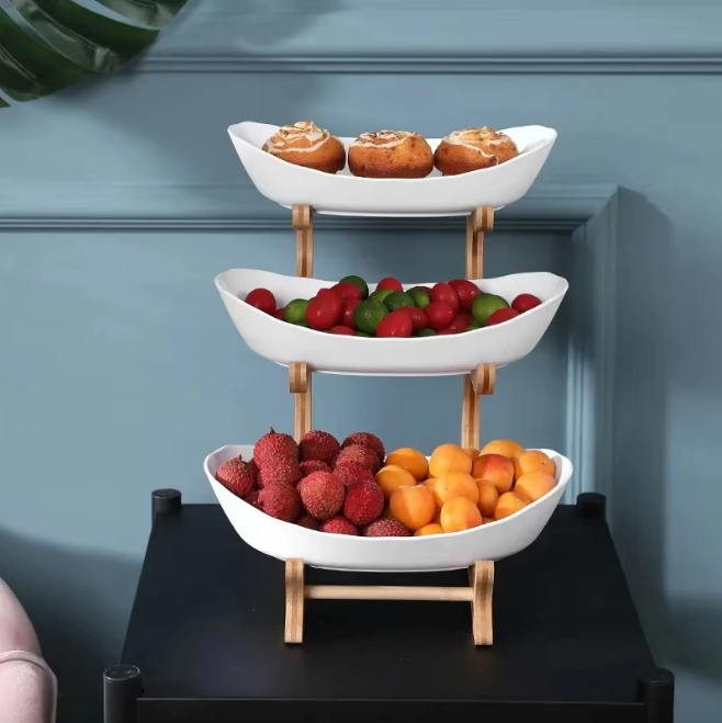 Plats de présentation service armature bois bambou 3 récipients plastique corbeille fruits vide poche aliments apéritifs durable - lebois-eco.com