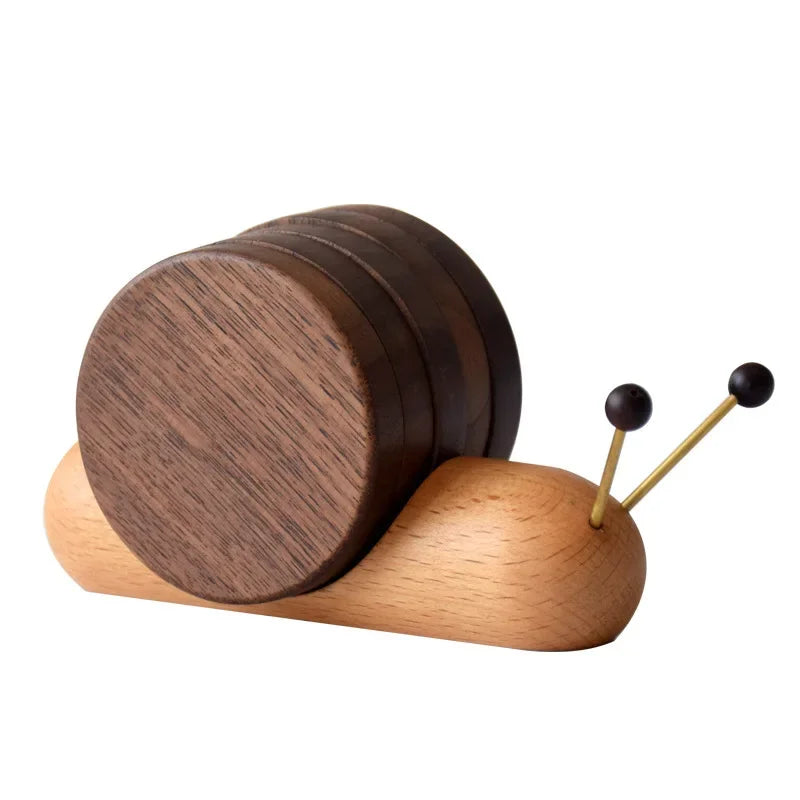 Sous-tasses escargot de bourgogne bois noyer 5 pièces aimantées thé café apéritif boisson décoration table maison écologique durable - lebois-eco.com