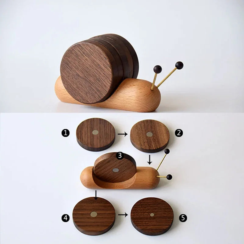 Sous-tasses escargot de bourgogne bois noyer 5 pièces aimantées thé café apéritif boisson décoration table maison écologique durable - lebois-eco.com