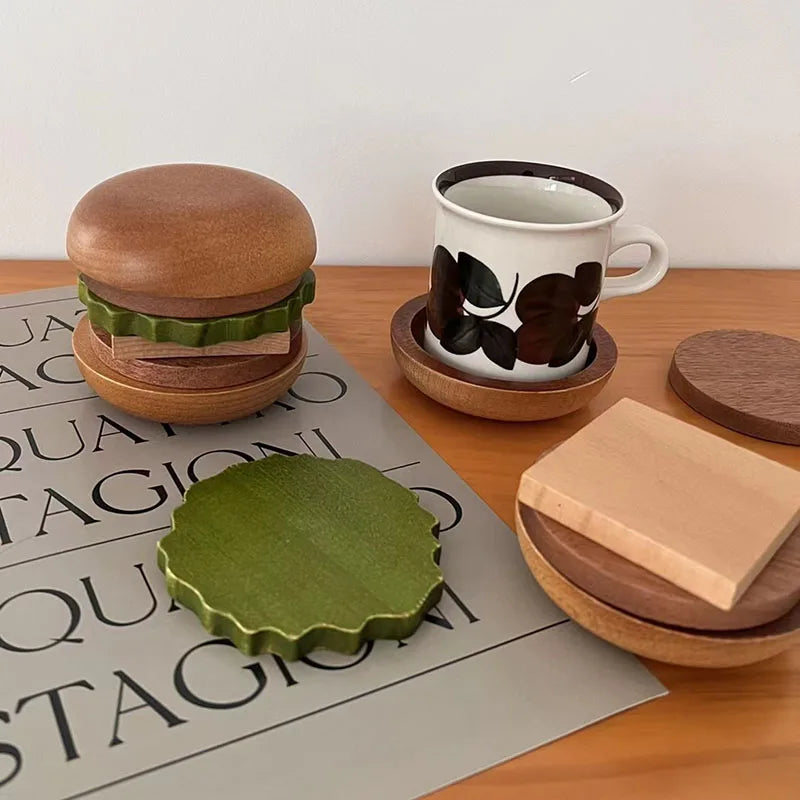 Sous tasse verre bois forme hamburger 6 pièces aimantées café thé table repas décoration originale maison intérieur écologique durable - Lebois-eco.com