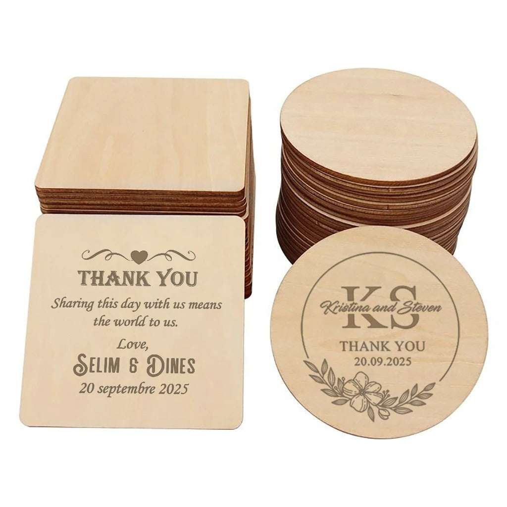 Sous-verre bois personnalisable logo texte pour particuliers professionnels évènement mariage bar restaurant fête anniversaire durable - lebois-eco.com