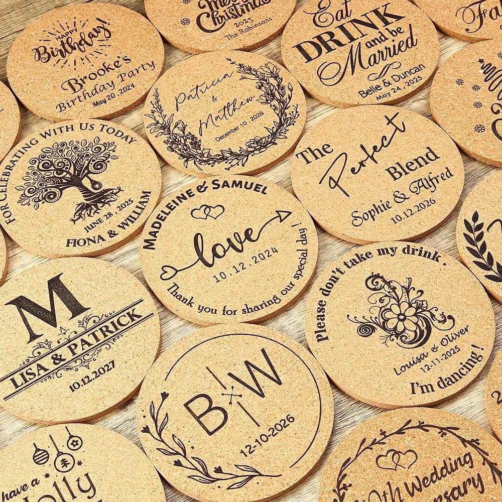 Sous-verre liège personnalisable logo texte pour particuliers professionnels évènement mariage bar restaurant fête anniversaire durable - lebois-eco.com