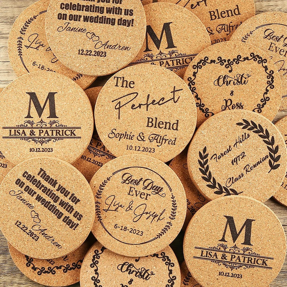 Sous-verre liège personnalisable logo texte pour particuliers professionnels évènement mariage bar restaurant fête anniversaire durable - lebois-eco.com