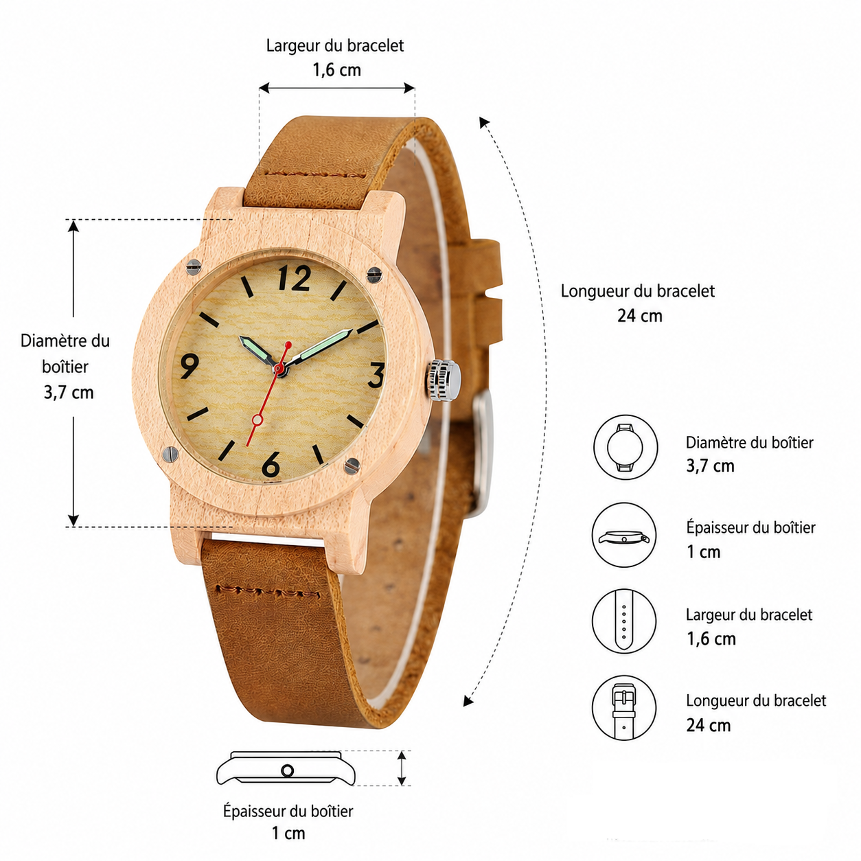 Dimensions du boîtier et du bracelet de la montre en bois