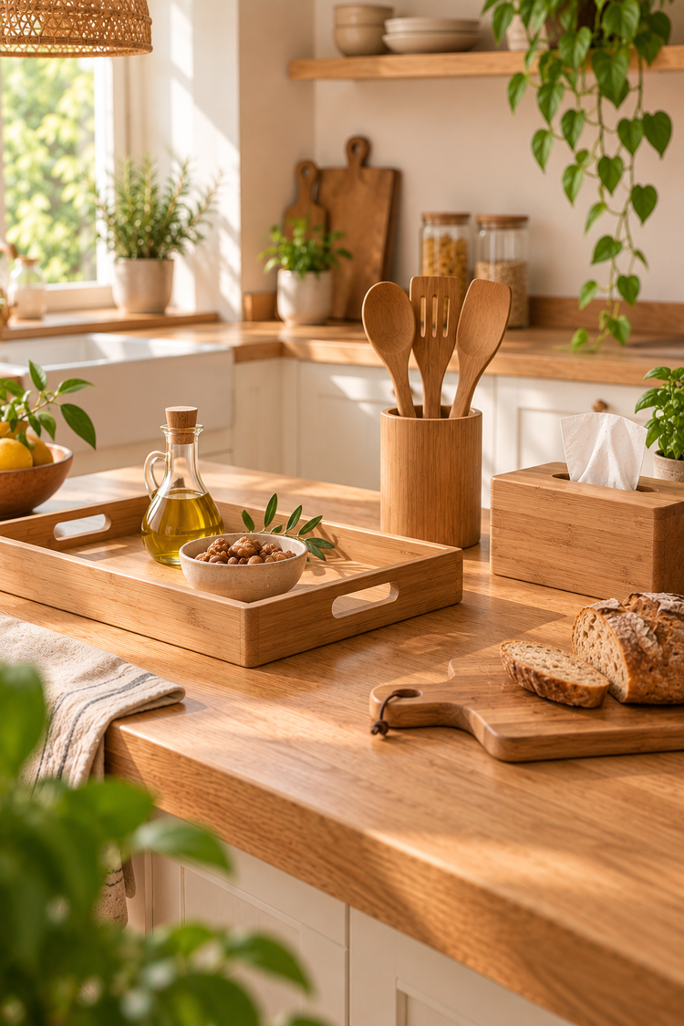 Accessoires de cuisine en bois sur un plan de travail