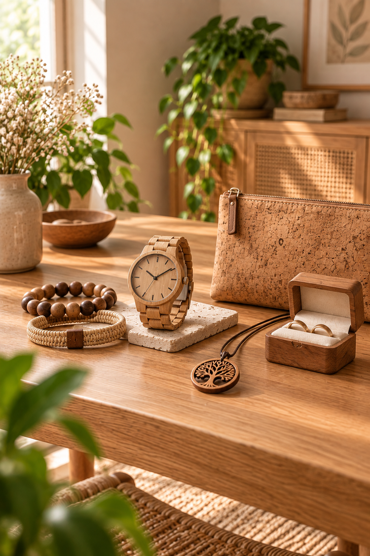 Bijoux et accessoires en bois avec montre, bracelets et pendentif