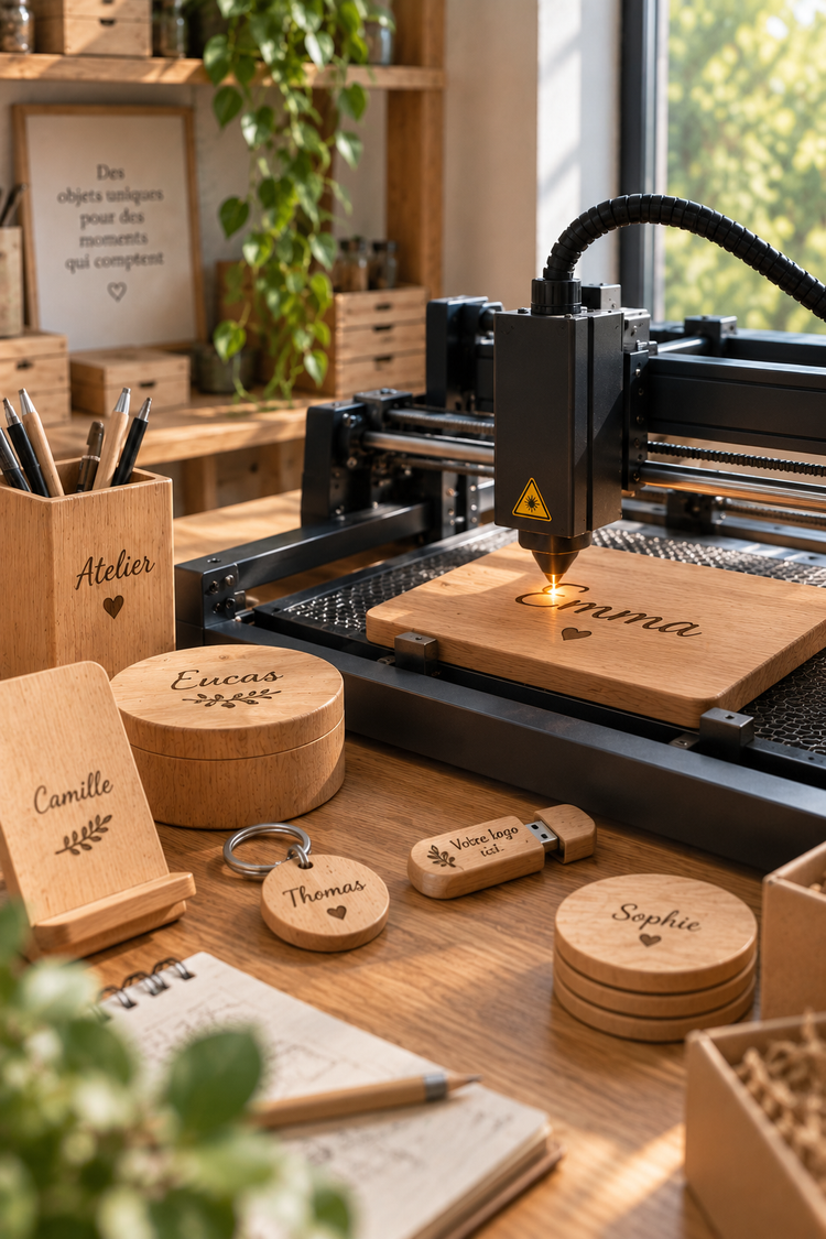 Gravure laser d’un prénom sur un objet en bois dans un atelier