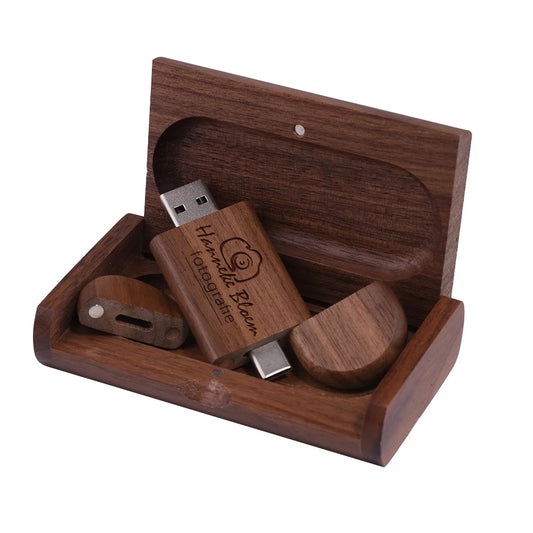 Coffret clé usb bois personnalisable gravure laser 2 en 1 usb 3.0 et type c noyer bambou érable logo prénom entreprise mariage photographe durable - lebois-eco.com