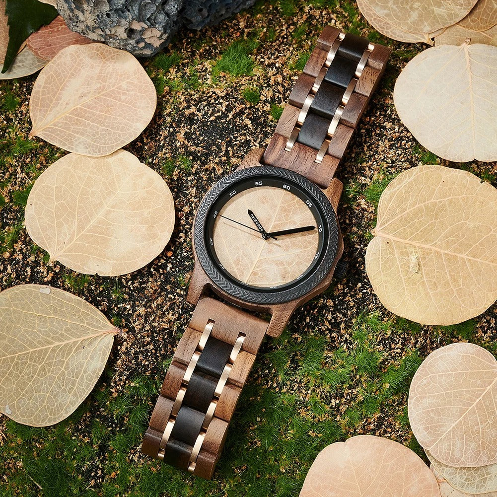 Coffret montre quartz bois ébène noyer incrusté avec véritable feuille arbre unisexe cadeau mariage anniversaire Noël durable - lebois-eco.com