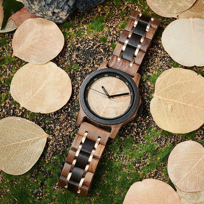 Coffret montre quartz bois ébène noyer incrusté avec véritable feuille arbre unisexe cadeau mariage anniversaire Noël durable - lebois-eco.com
