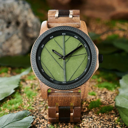 Coffret montre quartz bois ébène noyer incrusté avec véritable feuille arbre unisexe cadeau mariage anniversaire Noël durable - lebois-eco.com