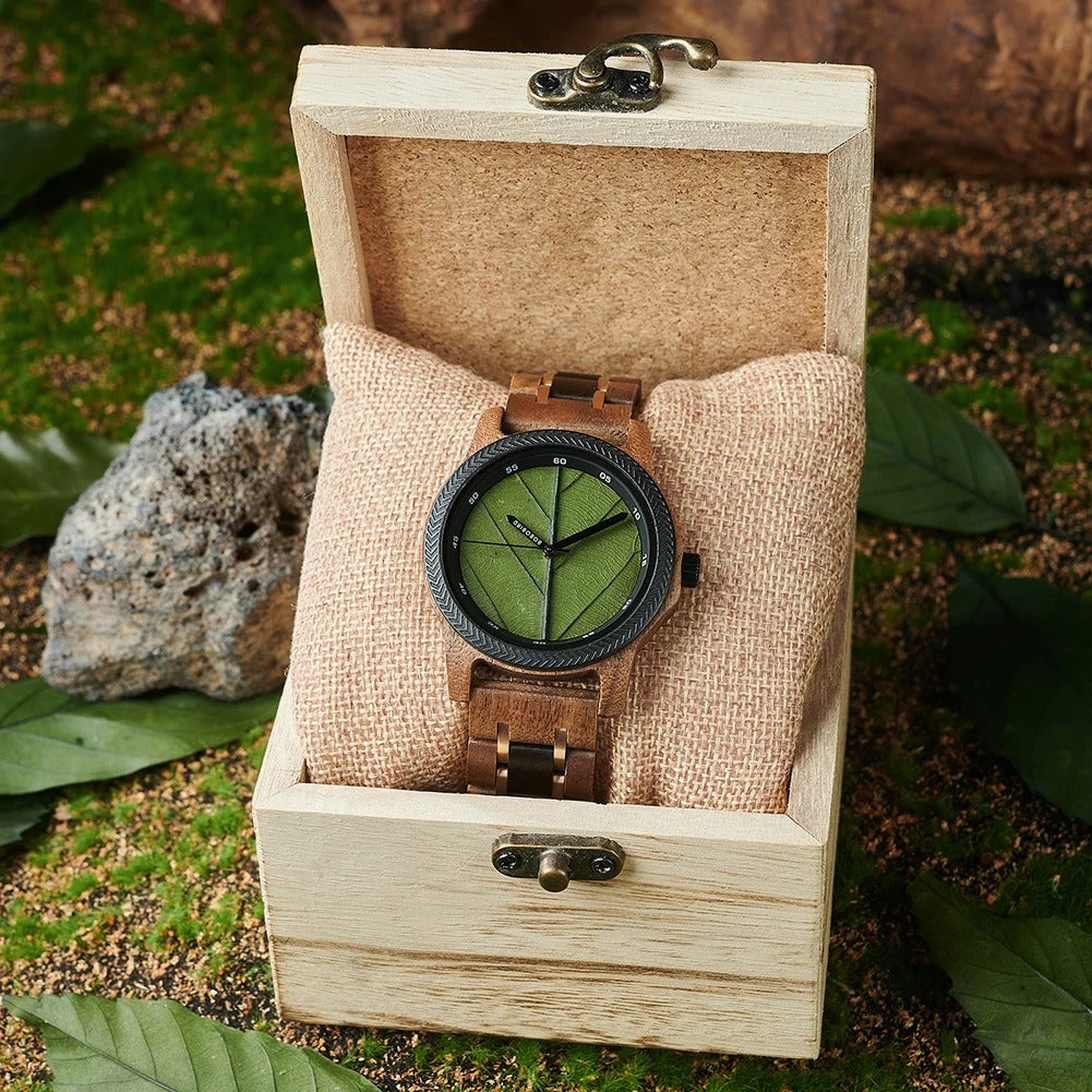 Coffret montre quartz bois ébène noyer incrusté avec véritable feuille arbre unisexe cadeau mariage anniversaire Noël durable - lebois-eco.com