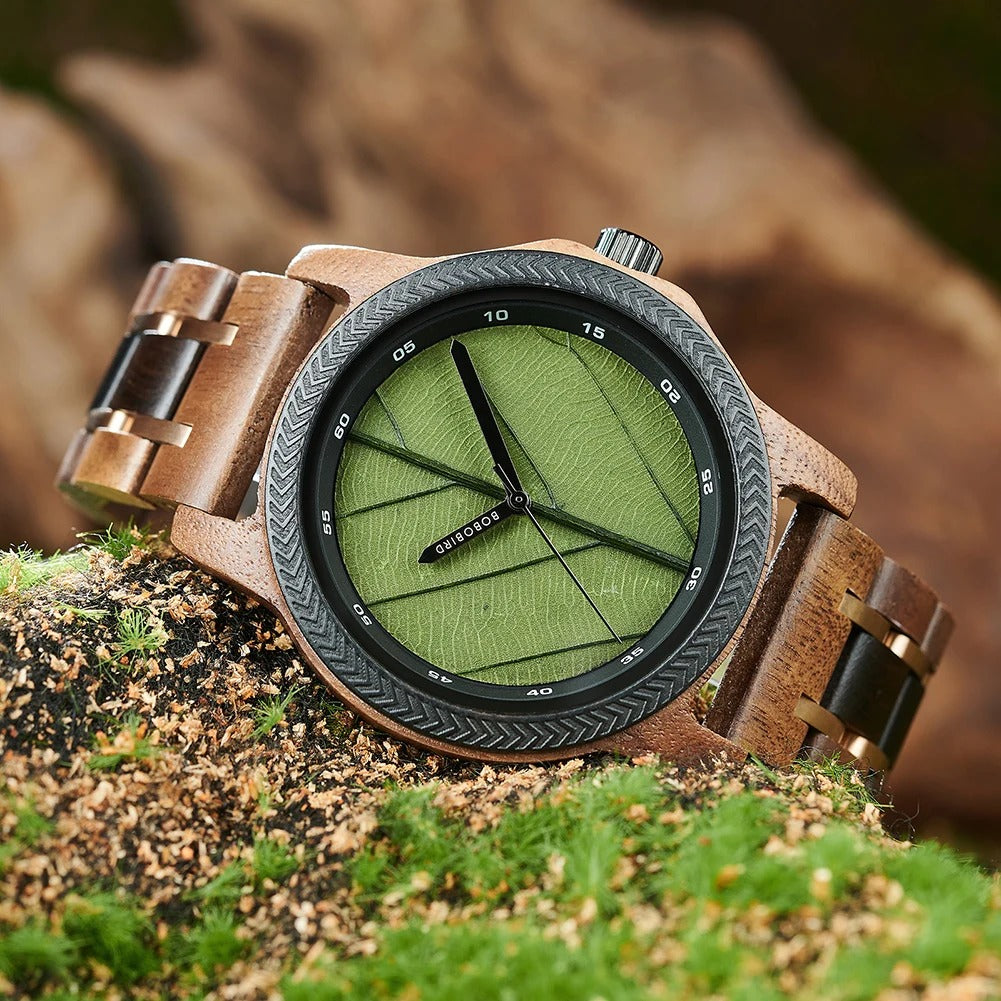Coffret montre quartz bois ébène noyer incrusté avec véritable feuille arbre unisexe cadeau mariage anniversaire Noël durable - lebois-eco.com