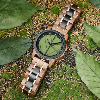 Coffret montre quartz bois ébène noyer incrusté avec véritable feuille arbre unisexe cadeau mariage anniversaire Noël durable - lebois-eco.com