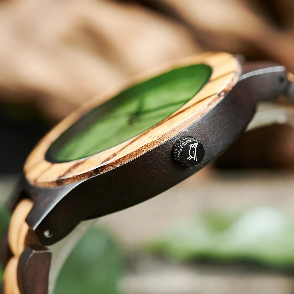 Coffret montre quartz bois ébène noyer incrusté avec véritable feuille arbre unisexe cadeau mariage anniversaire Noël durable - lebois-eco.com