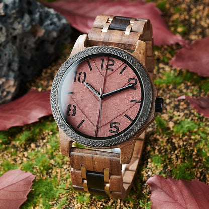Coffret montre quartz bois ébène noyer incrusté avec véritable feuille arbre unisexe cadeau mariage anniversaire Noël durable - lebois-eco.com