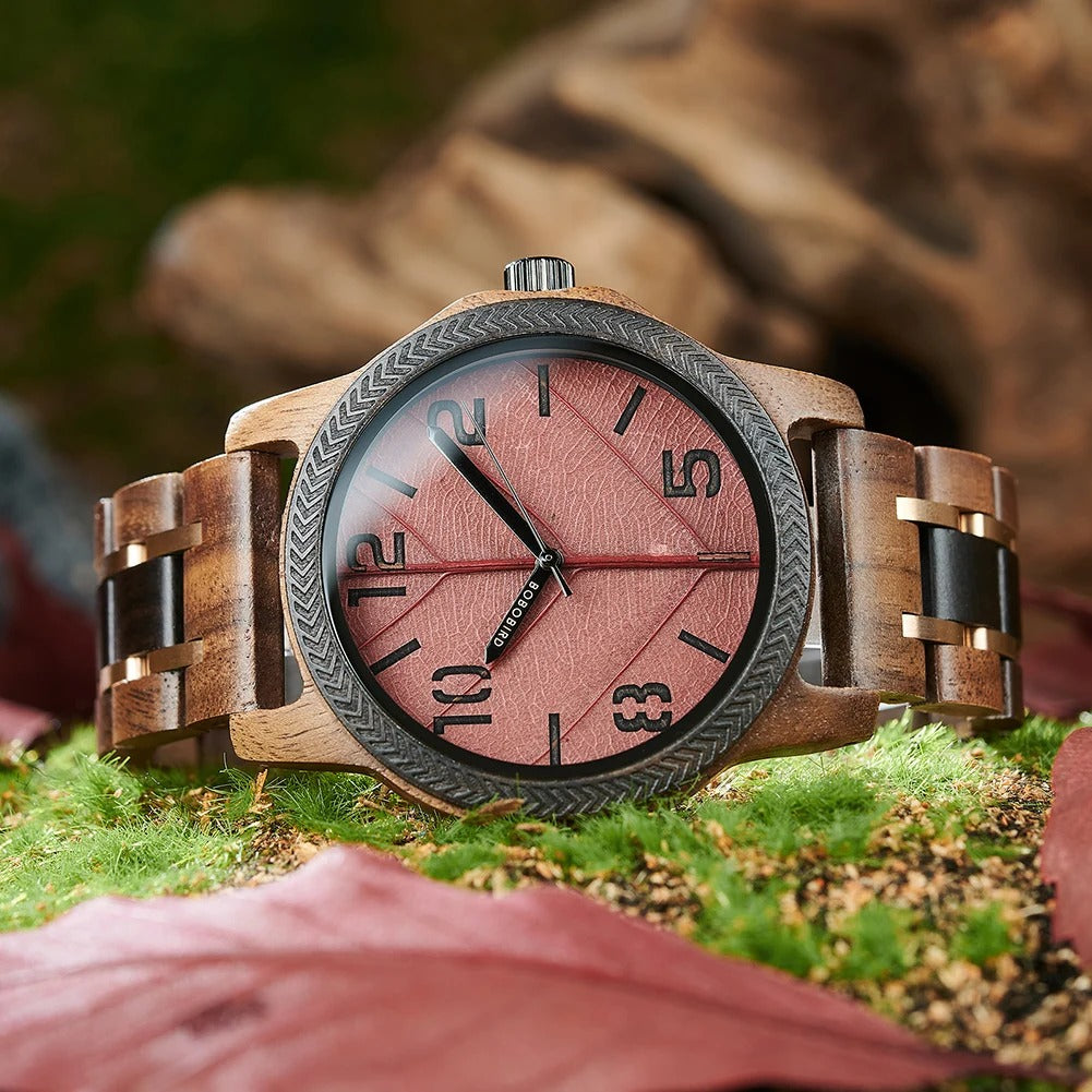 Coffret montre quartz bois ébène noyer incrusté avec véritable feuille arbre unisexe cadeau mariage anniversaire Noël durable - lebois-eco.com
