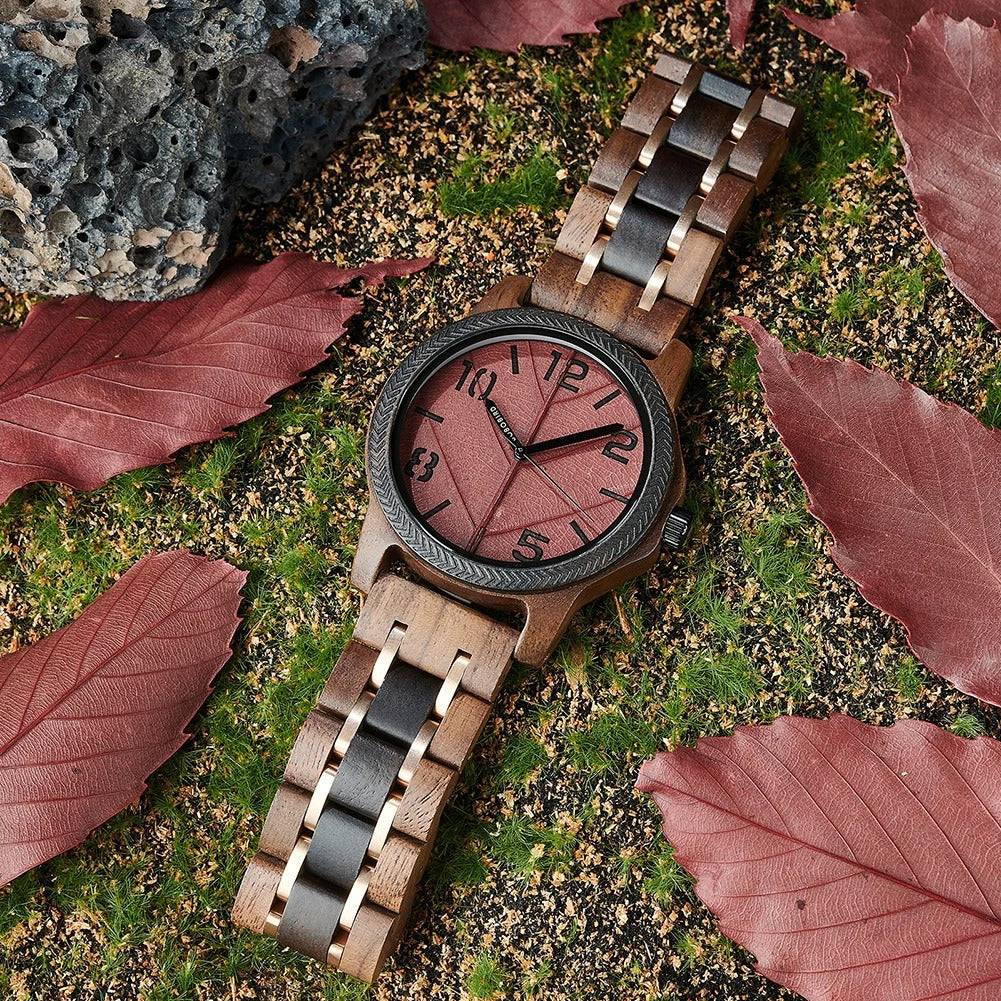 Coffret montre quartz bois ébène noyer incrusté avec véritable feuille arbre unisexe cadeau mariage anniversaire Noël durable - lebois-eco.com