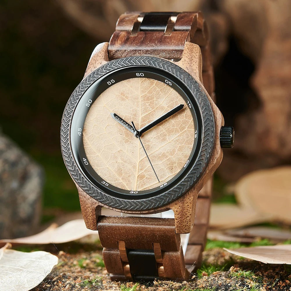Coffret montre quartz bois ébène noyer incrusté avec véritable feuille arbre unisexe cadeau mariage anniversaire Noël durable - lebois-eco.com