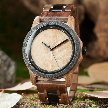 Coffret montre quartz bois ébène noyer incrusté avec véritable feuille arbre unisexe cadeau mariage anniversaire Noël durable - lebois-eco.com