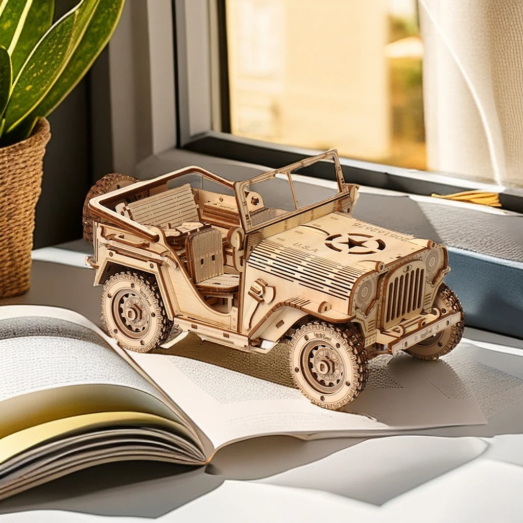 Maquette modélisme bois voiture jeep jouet do it yourself assemblage construction fait main cadeau noël enfant adulte découpe laser durable écologique - lebois-eco.com