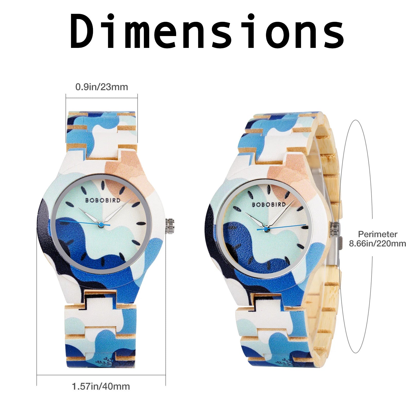 Montre en bois vue de côté – détails du bois naturel et motifs peints uniques avec les dimensions