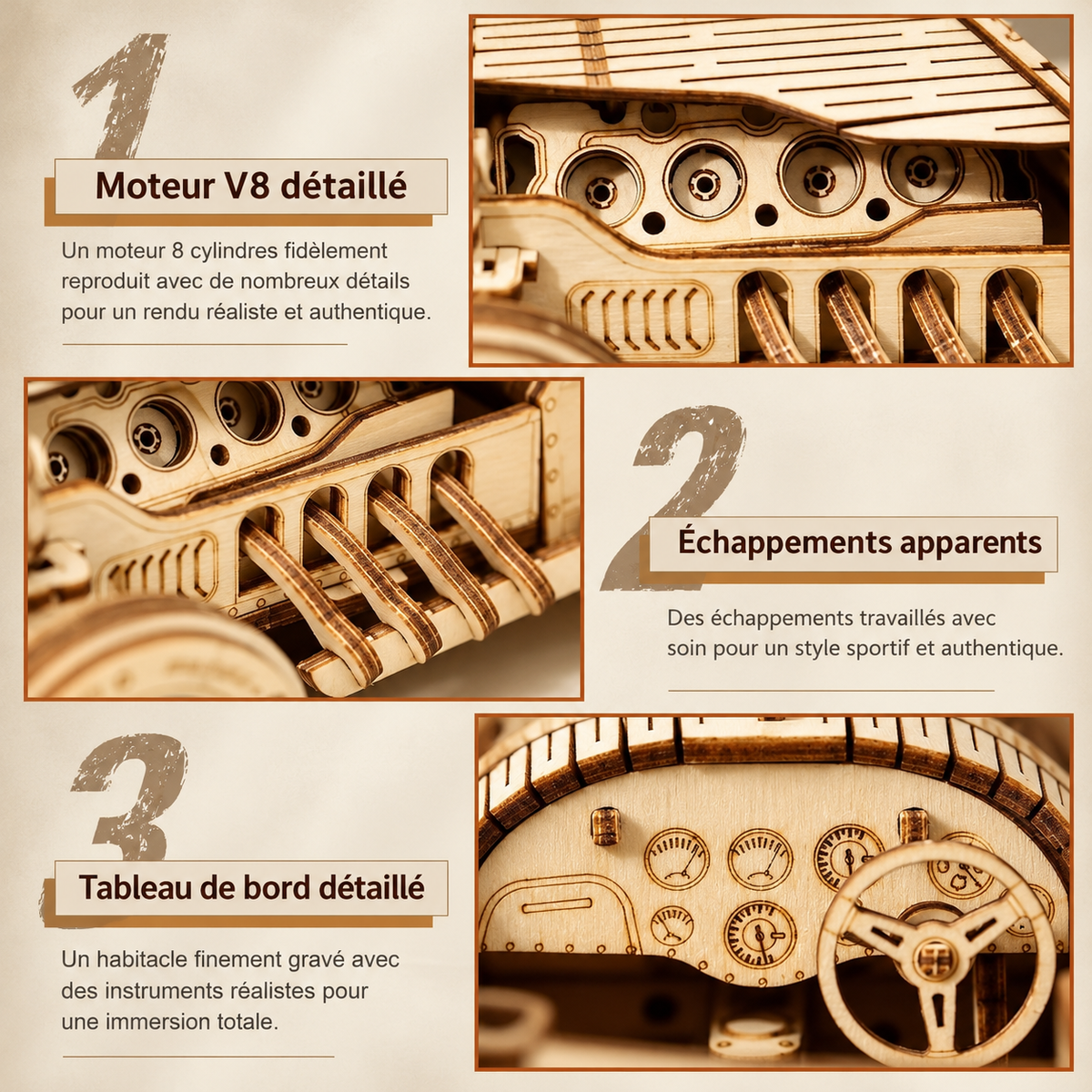 Gros plan sur le moteur V8, les échappements et les détails mécaniques de la maquette en bois
