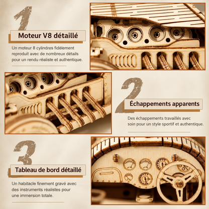 Gros plan sur le moteur V8, les échappements et les détails mécaniques de la maquette en bois