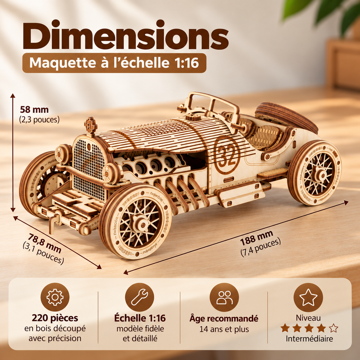 Dimensions de la maquette de voiture de course en bois à l’échelle 1:16 avec 220 pièces et âge recommandé de 14 ans et plus