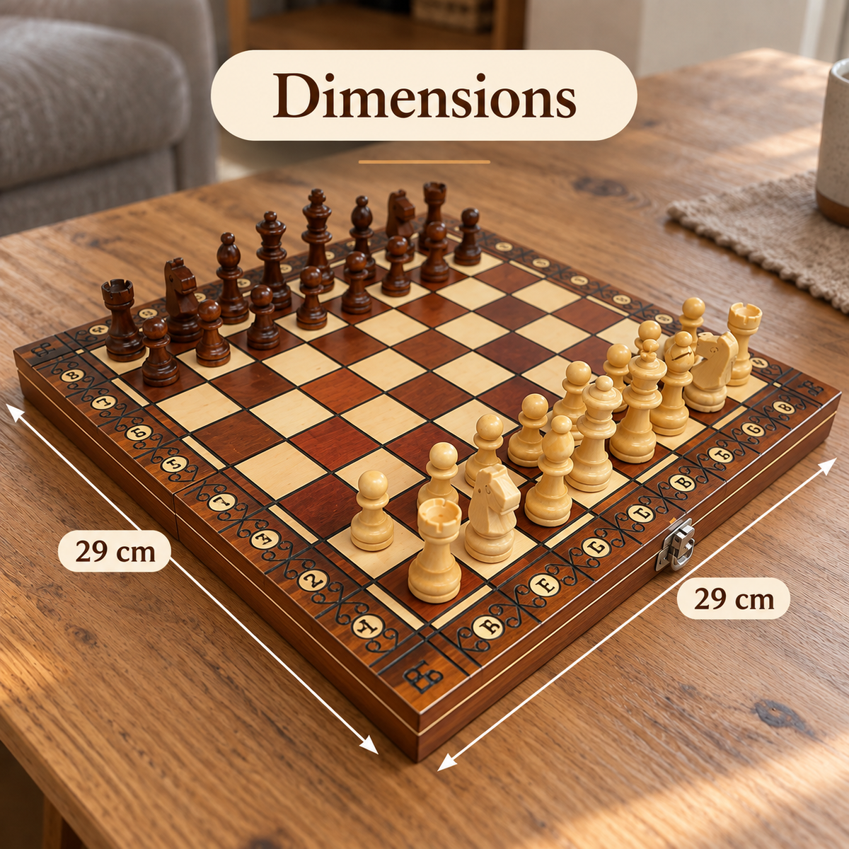 Dimensions du plateau de jeu d'échecs en bois : 29 x 29 cm