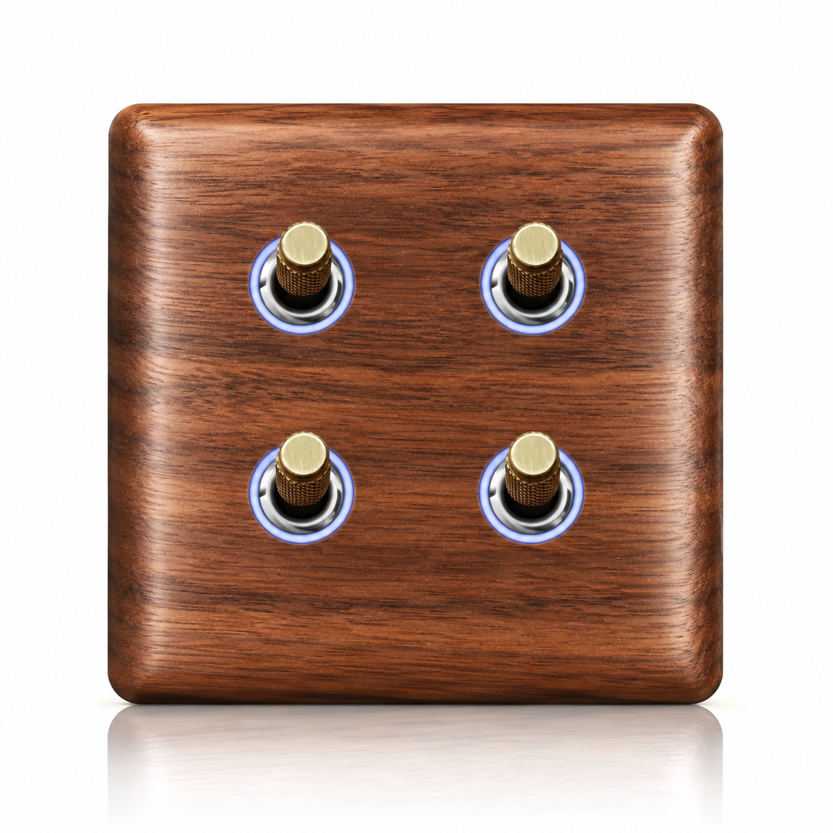 Interrupteur en bois de noyer à quatre leviers avec éclairage LED bleu