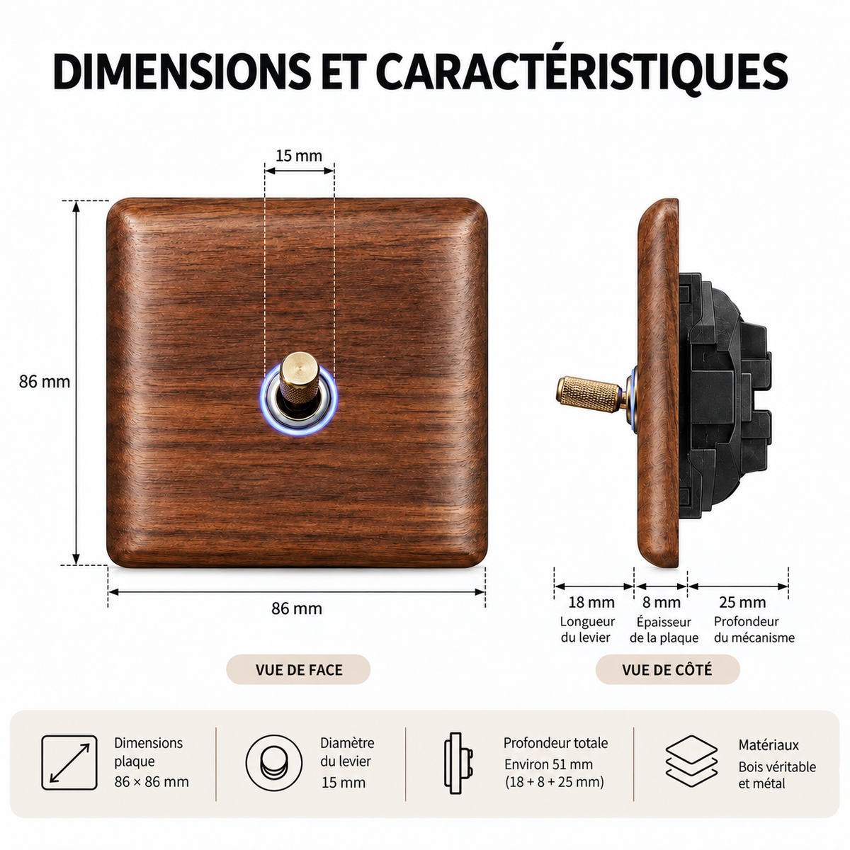 Dimensions de l'interrupteur en bois de noyer 86 x 86 mm avec vue de face et de côté
