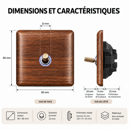 Dimensions de l'interrupteur en bois de noyer 86 x 86 mm avec vue de face et de côté