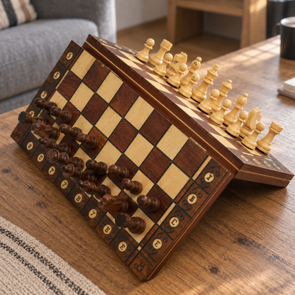 Jeu d'échecs en bois avec plateau pliable et pièces disposées sur l'échiquier