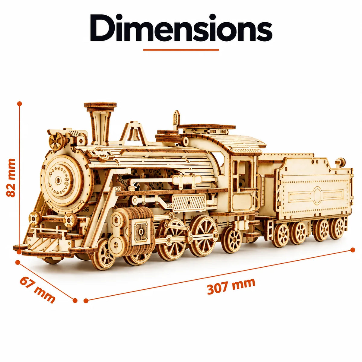 Maquette locomotive à vapeur en bois à assembler avec dimensions 307 x 67 x 82 mm